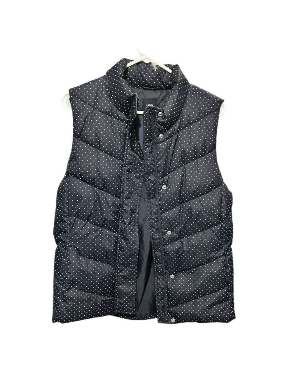 GAP Marine Navy Blue White Dots Puffy Vest Snap Front Pockets Women’s Large VGC